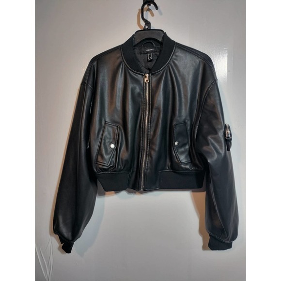 Forever 21 Black Faux Vegan Leather Crop Utility Coat Woman Size Medium - Picture 1 of 7